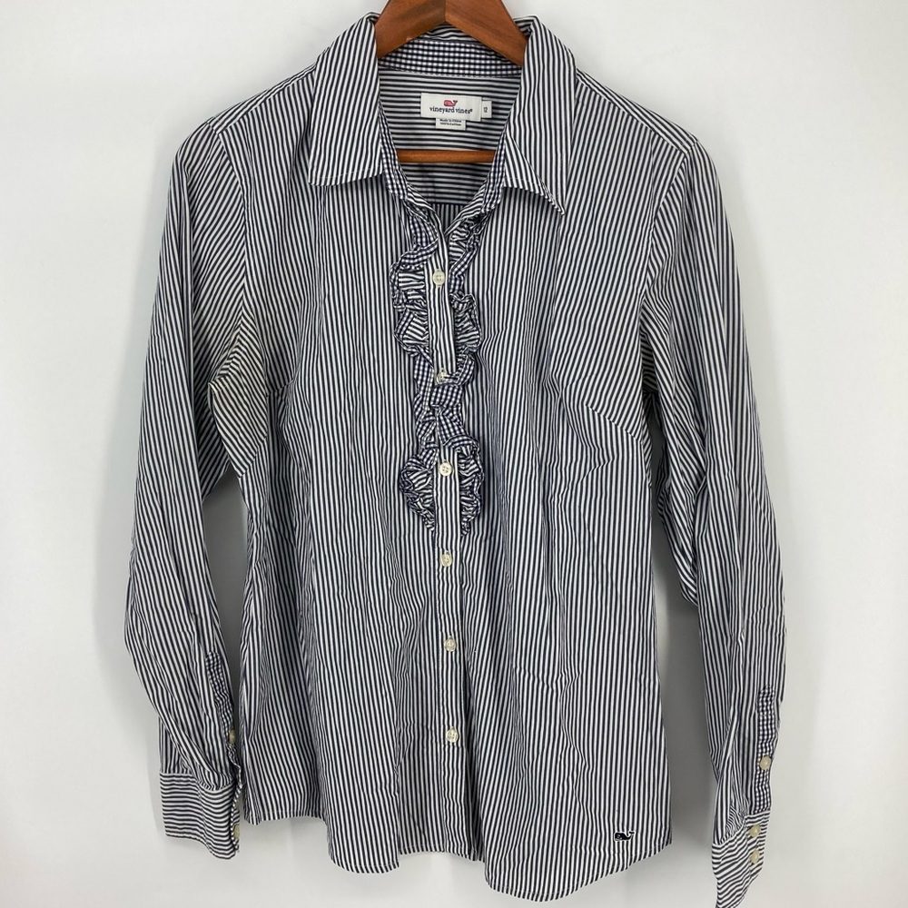 Vineyard Vines Womens Blouse Size 12 100% Cotton White Blue Stripes Button Front